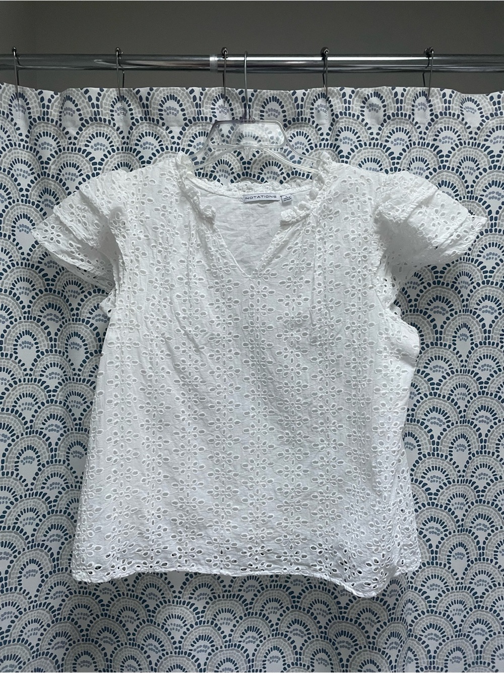 Notations White Cotton Eyelet V-Neck Short Sleeve Top